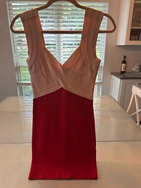 bebe Beige and Red V-Neck Bandage Mini Dress